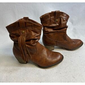 Western Boho Hot Tomato Womens 7 Brown Fringe Slouchy Dodge City Ankle Boots